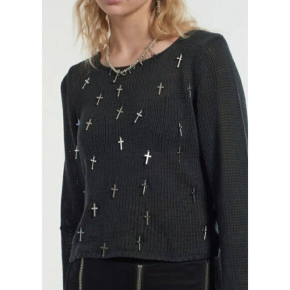 THE RAGGED PRIEST black knit sweater w/ cross charms NEW WITH TAGS - Picture 1 of 9